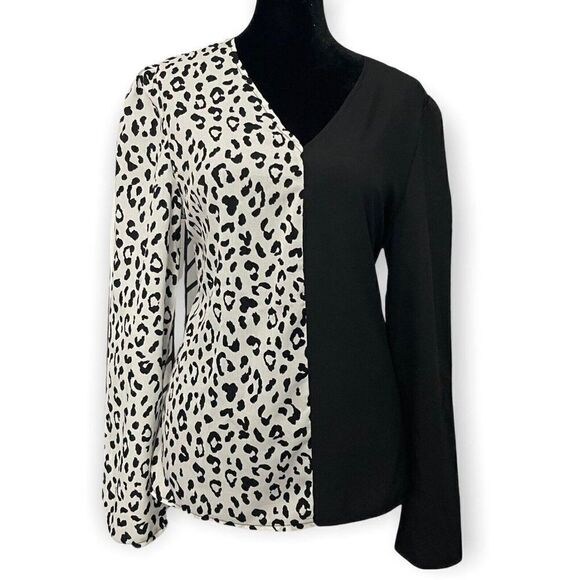 Shein Black White Animal Print Colorblock Blouse US SIZE 6 Casual Long Sleeve - Picture 5 of 6